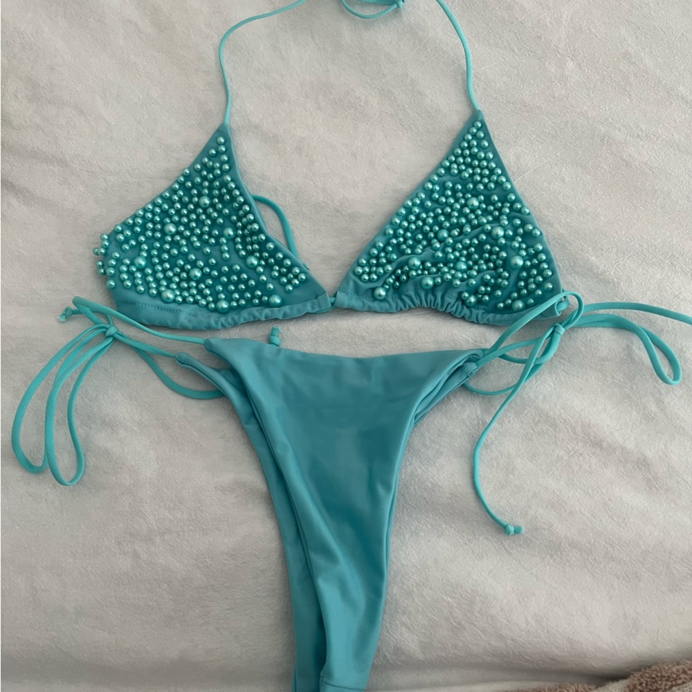 Turquoise Beaded Triangle String Bikini Set - image 1